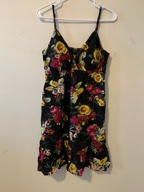 Floral Sleeveless Sundress in Black with Yellow & Pink Flowers